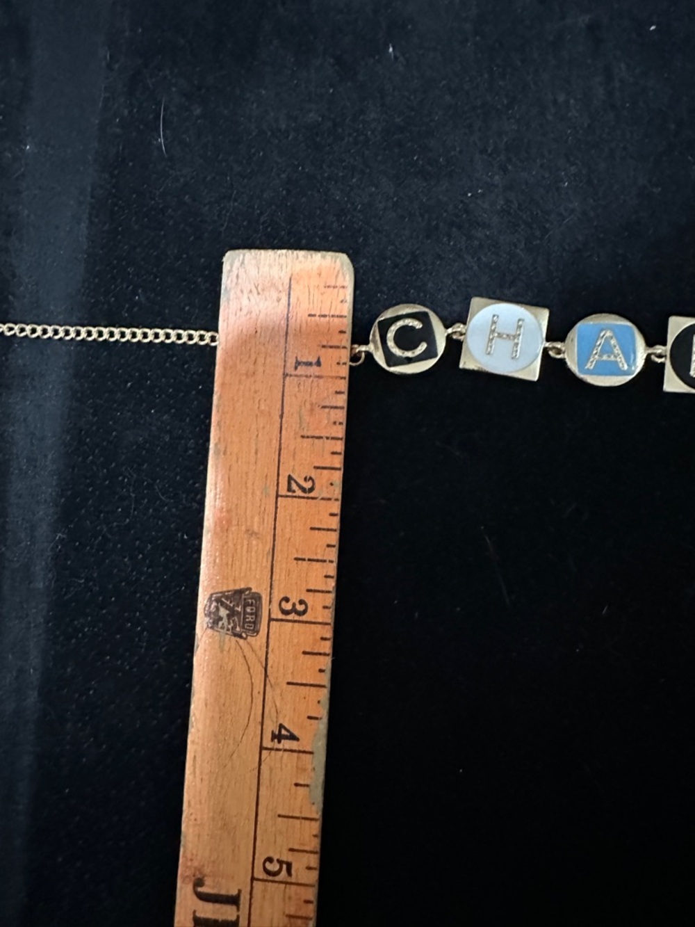 CHANEL Gold-Tone Letter Necklace with Blue, White, Black Inlays - Picture 7 of 8